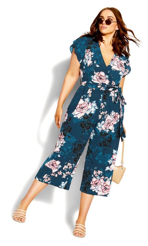  Grande Taille City Chic Teal Blue Blossom Tie Jumpsuit