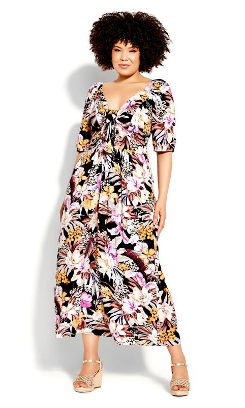 Plus Size  City Chic Black Floral Print Bardot Maxi Dress