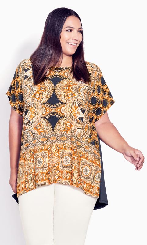 Plus Size  Evans Black Abstract Print Dipped Hem Top