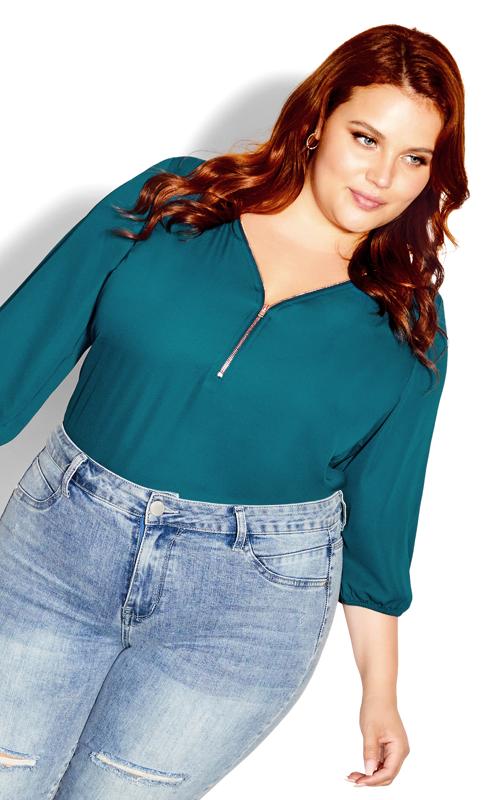 City Chic Teal Green Zip Front Blouse 2