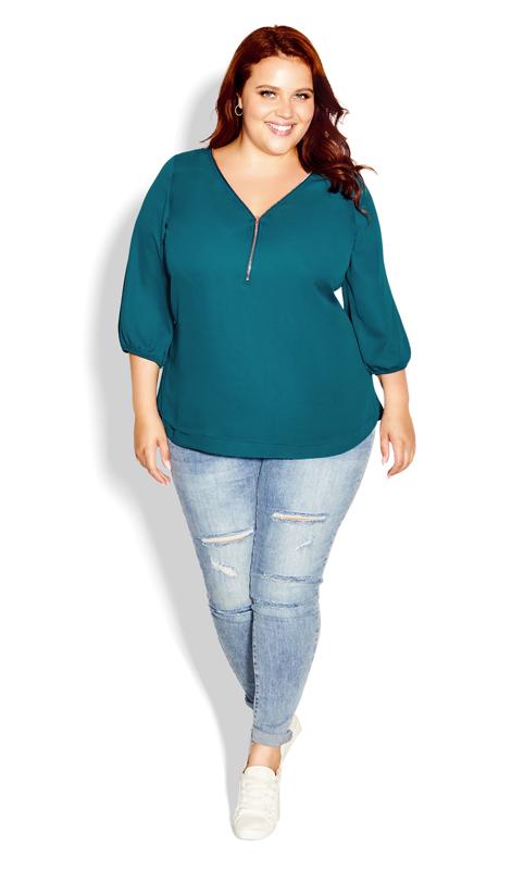 City Chic Teal Green Zip Front Blouse 1