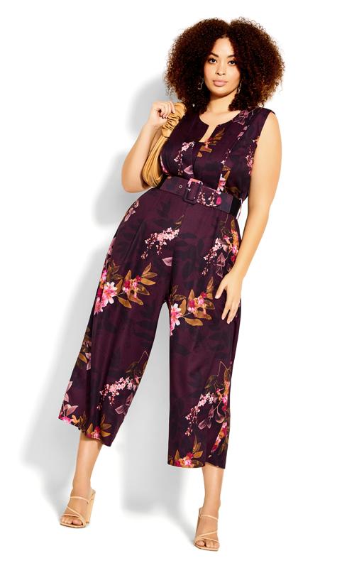 Plus Size  Evans Purple Floral Print Cropped Jumpsuit