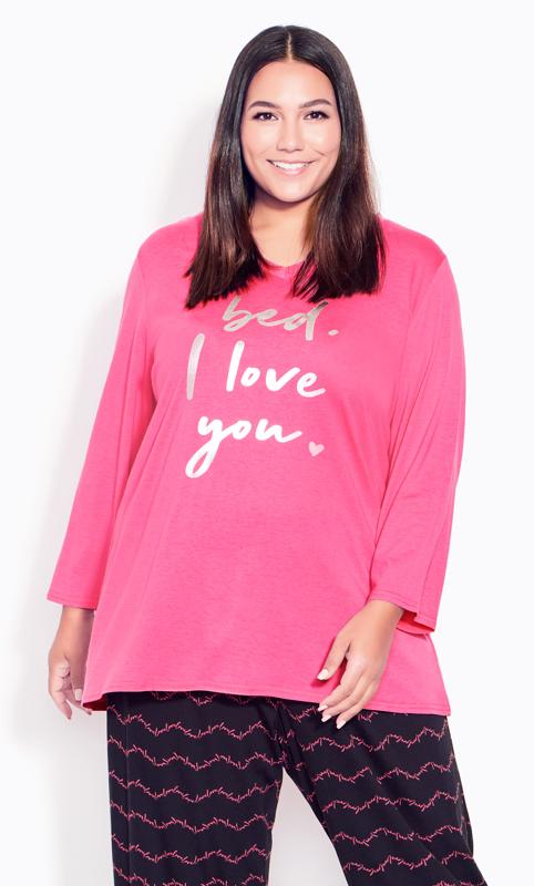 Plus Size  Avenue Hot Pink 'Bed, I Love You' Slogan Print Pyjama Top