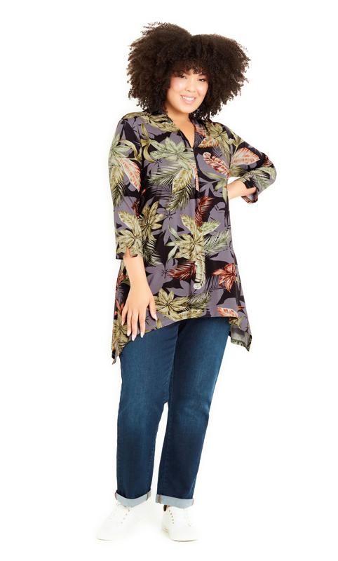 Plus Size  Evans Grey Tropical Print Longline Shirt