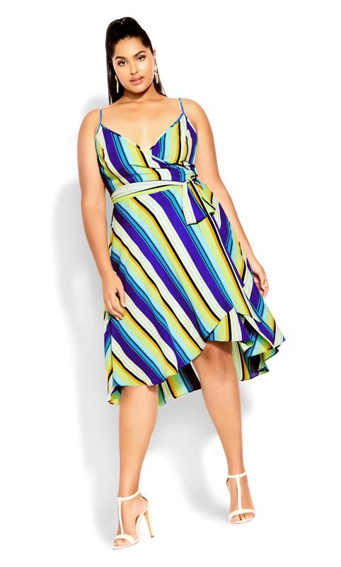 Evans Yellow & Blue Stripe Print Wrap Midi Dress 1