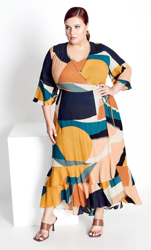  Evans Orange & Blue Abstract Print Wrap Smock Maxi Dress