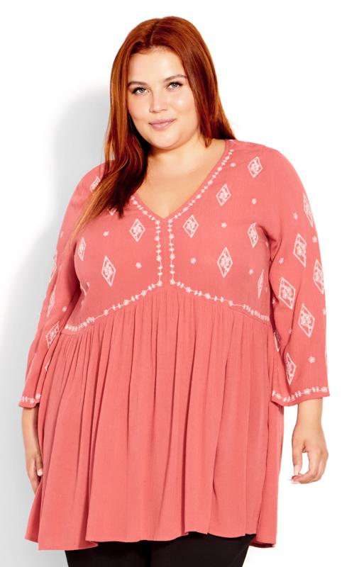 Plus Size  Evans Pink & White Floral Embroided Tunic Top