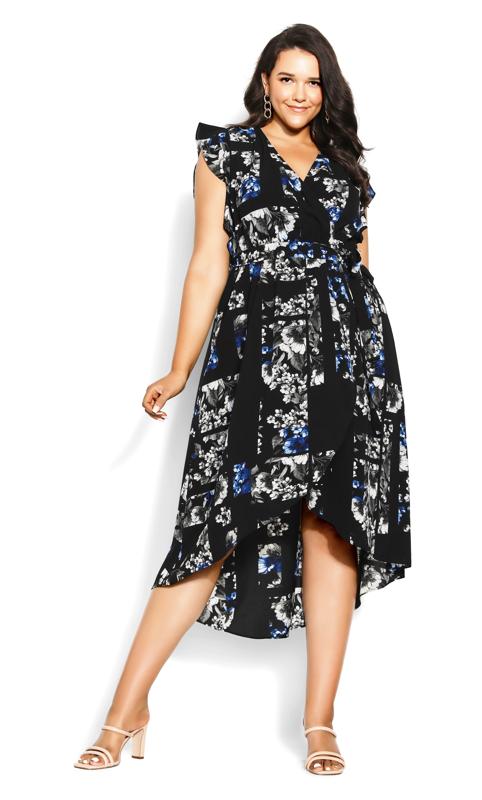 City Chic Black Floral Print Ruffle Wrap Maxi Dress | Evans 1