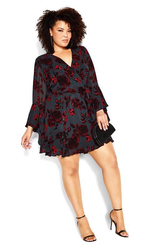  Tallas Grandes City Chic Black & Red Floral Print Wrap Dress