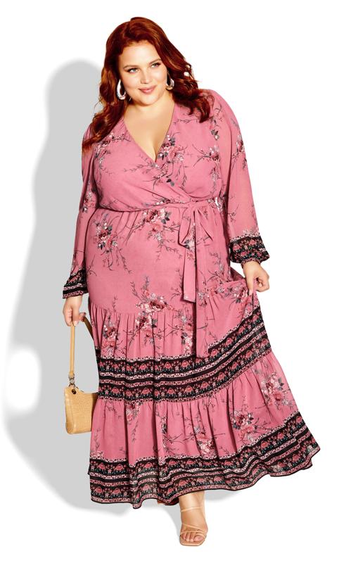 Plus Size  Evans Pink Floral Border Print Tiered Maxi Dress