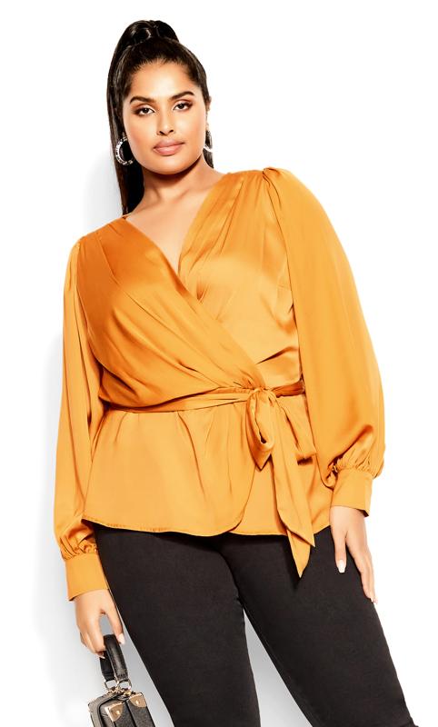 Plus Size  Evans Orange Satin Long Sleeve Wrap Top