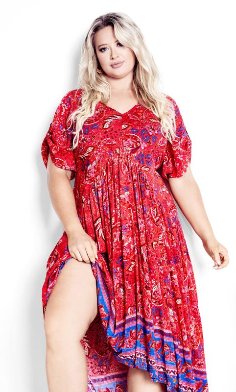 Evans Red Paisley Print Pleated Maxi Dress 2