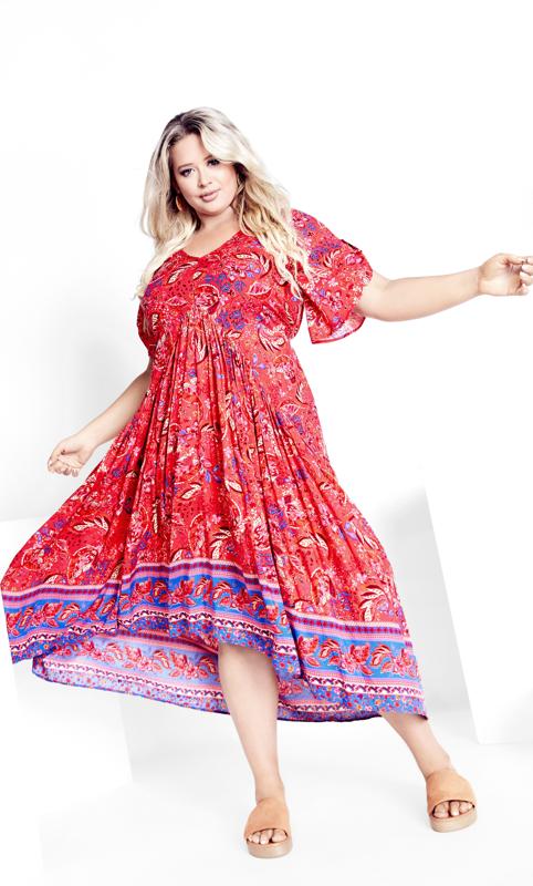 Plus Size  Evans Red Paisley Print Pleated Maxi Dress