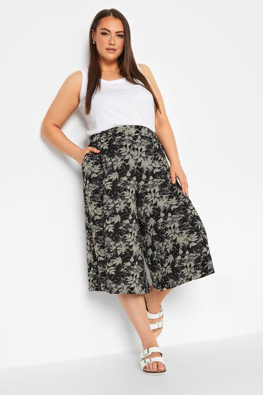 YOURS Curve Black Mixed Leaf Print Culottes | Yours Clothing 2