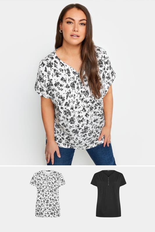 YOURS Plus Size 2 PACK Black & White Floral Pintuck Henley T-Shirts | Yours Clothing 1