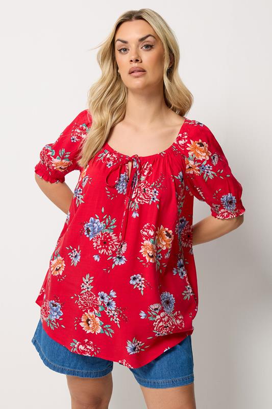  YOURS Curve Red Floral Tie Neck Blouse