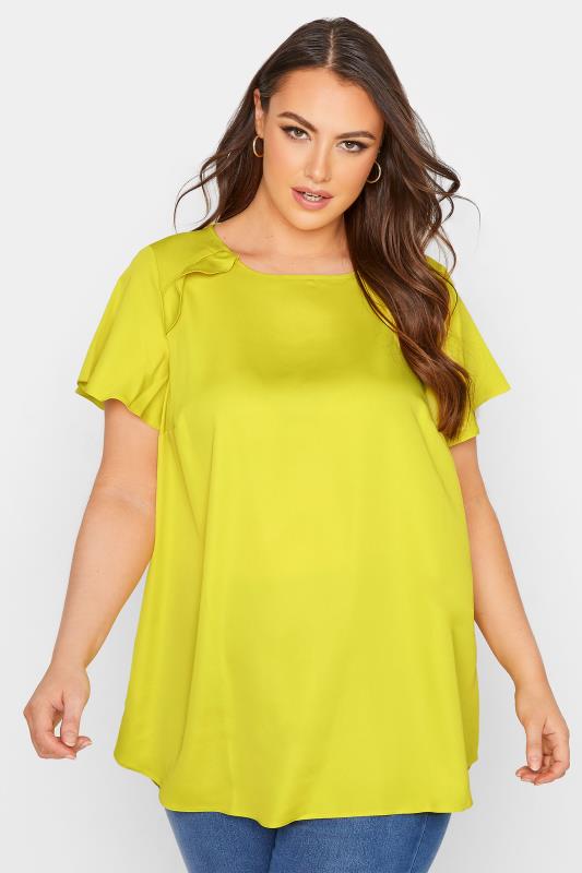Plus Size  Curve Mustard Yellow Angel Sleeve Frill Shoulder Tunic Top