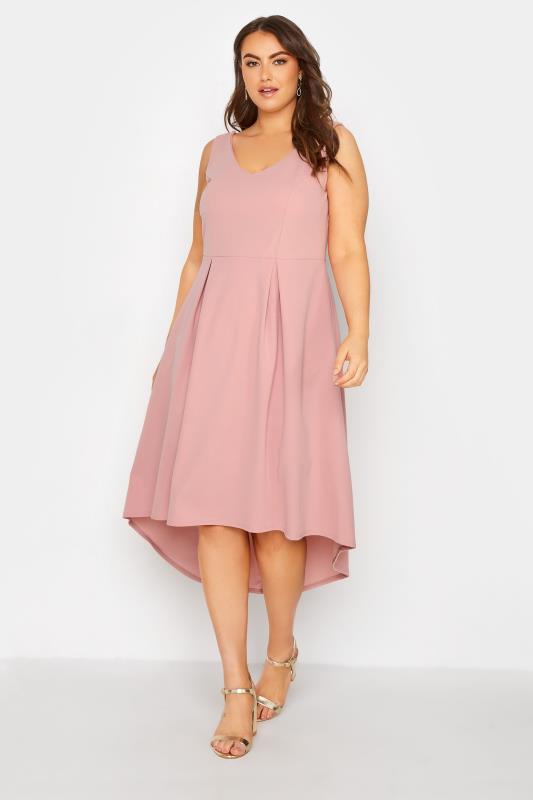 Plus Size  YOURS LONDON Curve Pink High Low Pleated Midi Dress