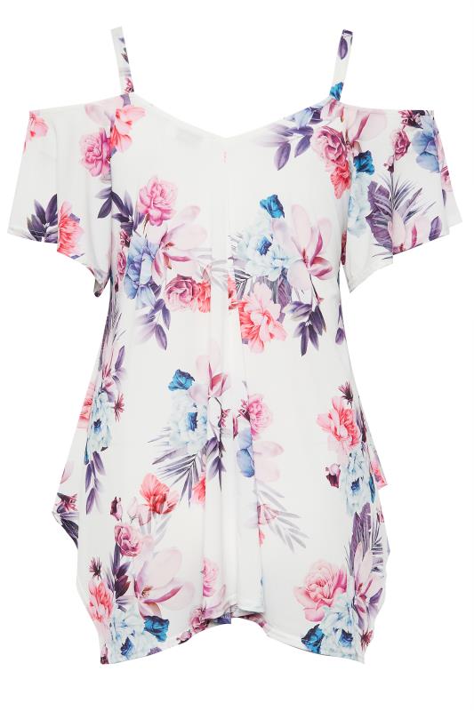 YOURS LONDON Plus Size White Tropical Print Cold Shoulder Top | Yours Clothing  7
