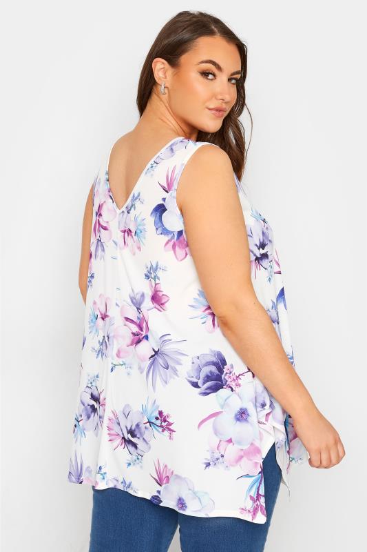 YOURS LONDON Plus Size White & Purple Floral Hanky Hem Top | Yours Clothing  3