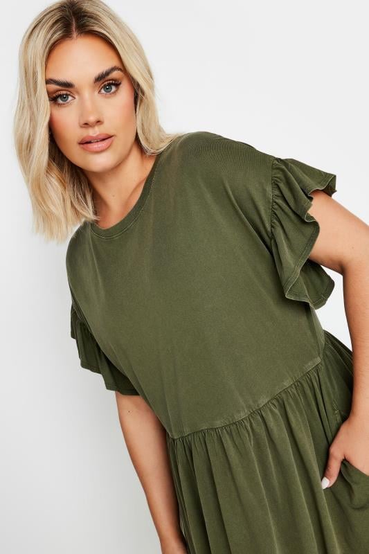 YOURS Plus Size Khaki Green Frill Sleeve Mini Dress | Yours Clothing 4