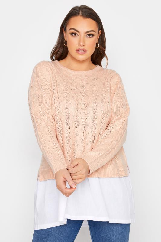 Plus Size Curve Light Pink 2 In 1 Poplin Hem Cable Knitted Jumper | Yours Clothing 1