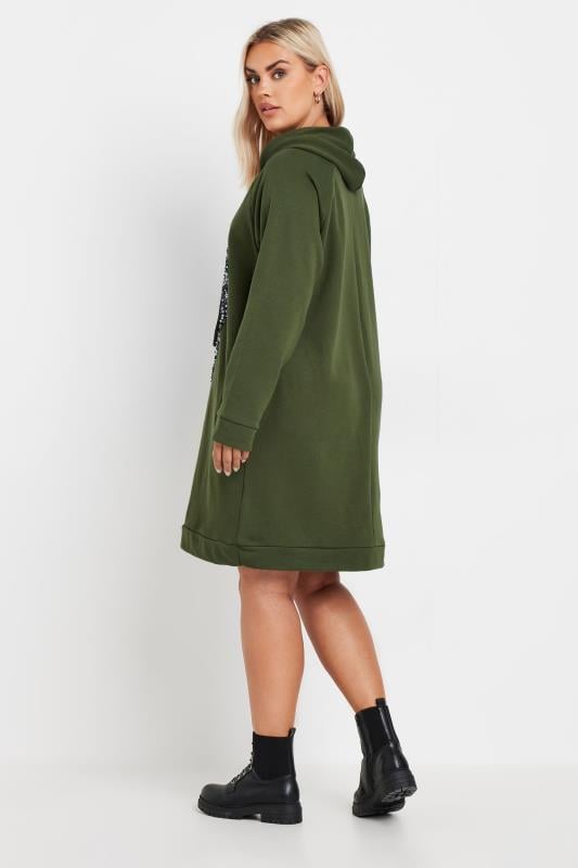 YOURS Plus Size Khaki Green Sequin Embellished Heart Hoodie Dress | Yours Clothing  3