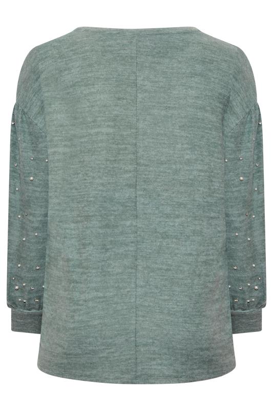 Plus Size Sage Green Pearl & Diamante Embellished Sleeve Jumper | Yours Clothing  7