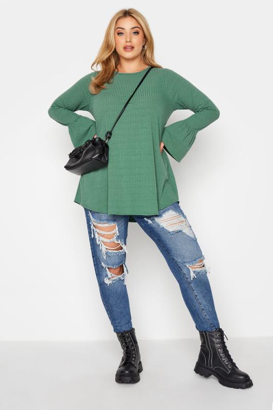 LIMITED COLLECTION Sage Green Ribbed Flare Long Sleeve Top_B.jpg