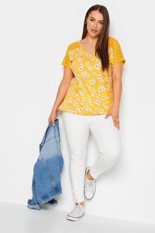 Plus Size Yellow Daisy Floral Print Lace Detail Bubble Hem T-Shirt | Yours Clothing 2