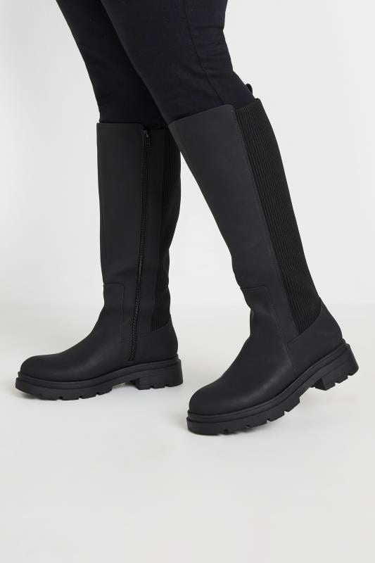  Black Sock Panel Knee High Boots In Wide E Fit & Extra Wide EEE Fit