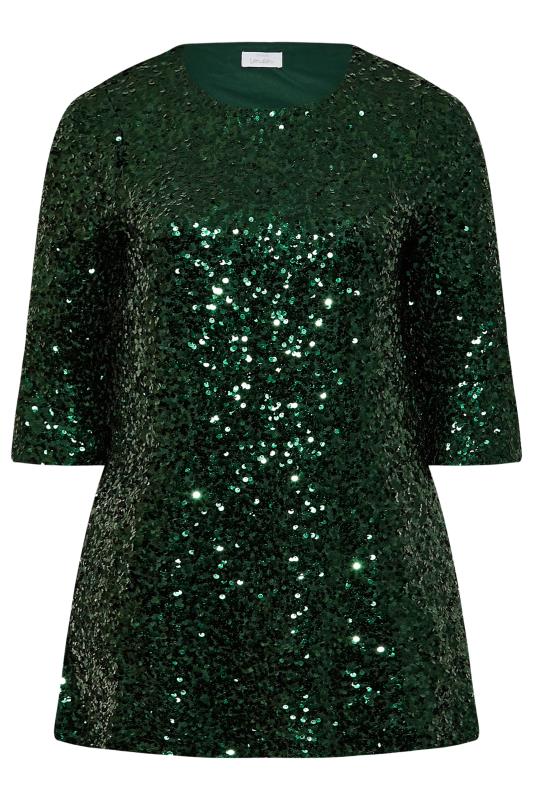 YOURS LONDON Plus Size Green Sequin Embellished Flute Sleeve Top | Yours Clothing 6