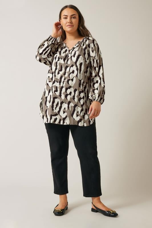 EVANS Plus Size Brown Animal Print Long Sleeve Blouse | Evans 3