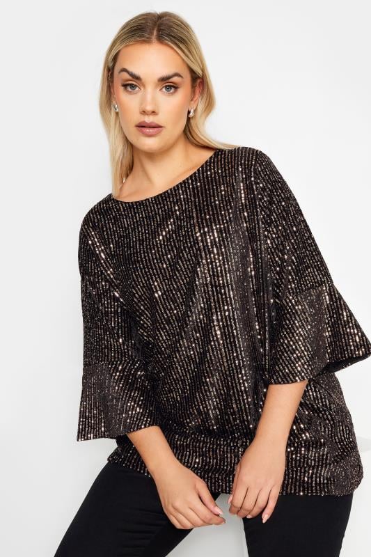 YOURS Plus Size Black Velvet Sequin Top | Yours Clothing 1