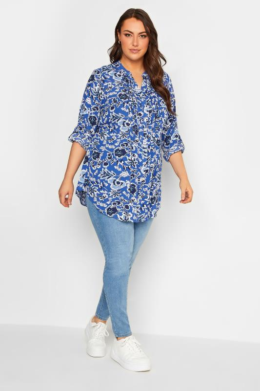 YOURS Plus Size Blue Floral Pintuck Shirt | Yours Clothing 2
