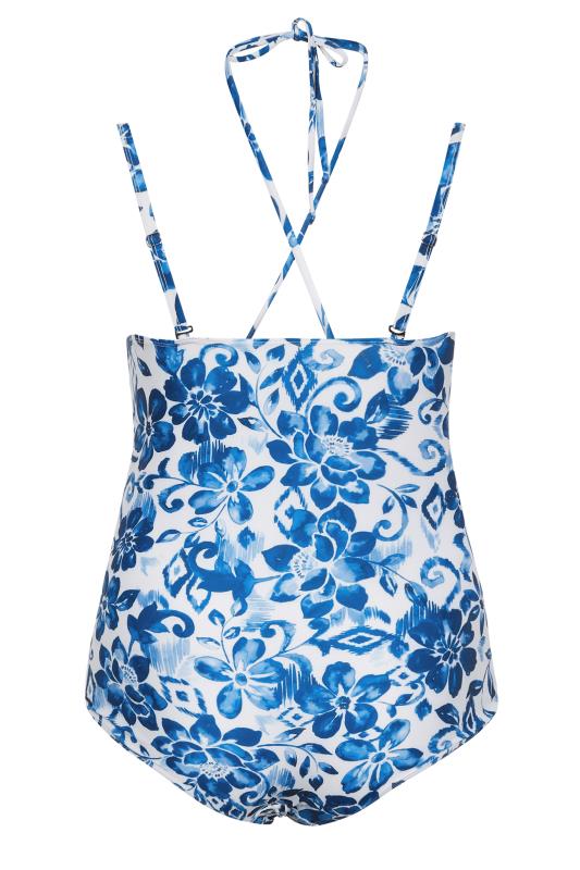 YOURS Curve Plus Size Blue Floral Print Cross Tummy Control Swimsuit | Yours Clothing  14