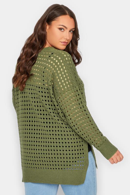YOURS Plus Size Khaki Green Side Split Crochet Jumper | Yours Clothing 3