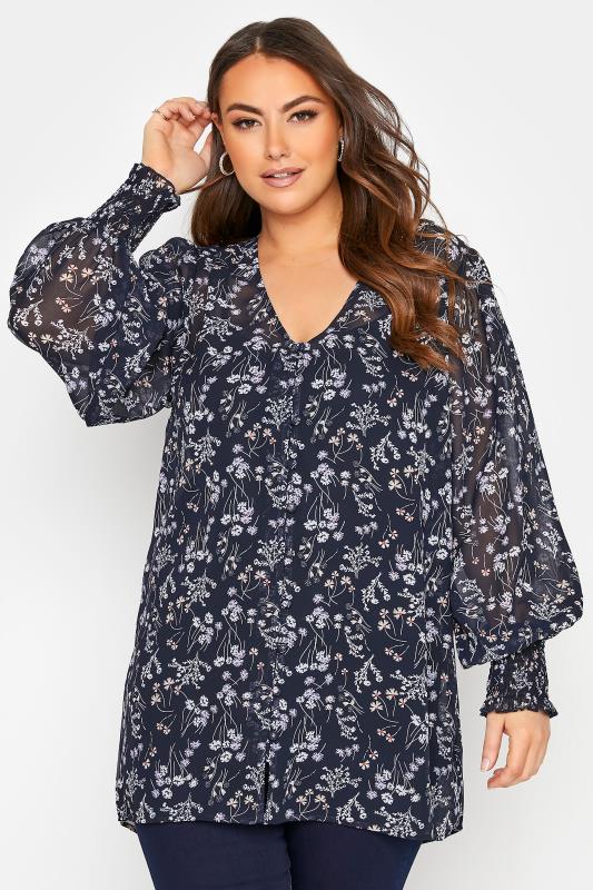 YOURS LONDON Curve Navy Blue Floral Print Balloon Sleeve Blouse_A.jpg