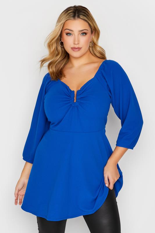LIMITED COLLECTION Curve Cobalt Blue V-Bar Peplum Top | Yours Clothing  1