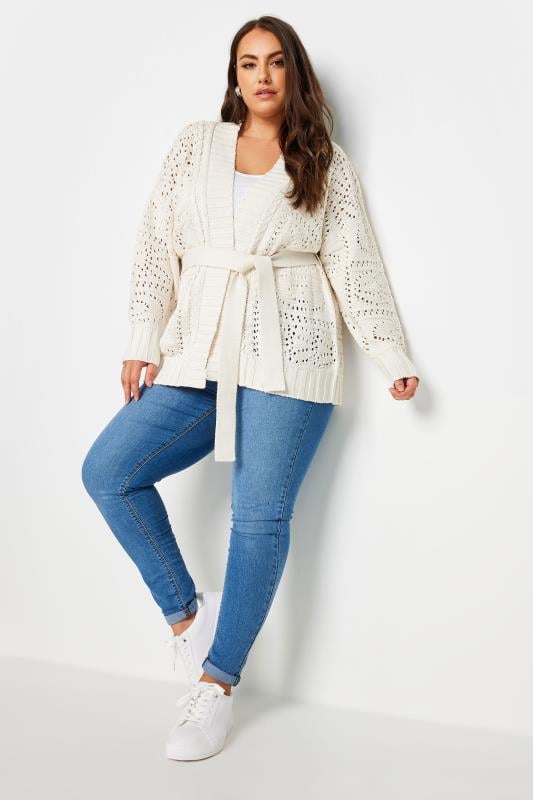 YOURS Plus Size Ivory White Pointelle Belted Cardigan | Yours Clothing 3