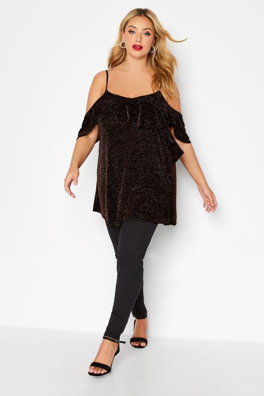 Plus Size Black & Gold Glitter Frill Cold Shoulder Top | Yours Clothing 2