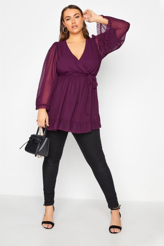 Plus Size YOURS LONDON Plum Purple Dobby Wrap Blouse | Yours Clothing 2