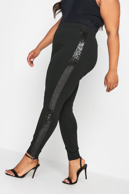 YOURS Plus Size Black Sequin Side Stripe Leggings | Yours Clothing 1
