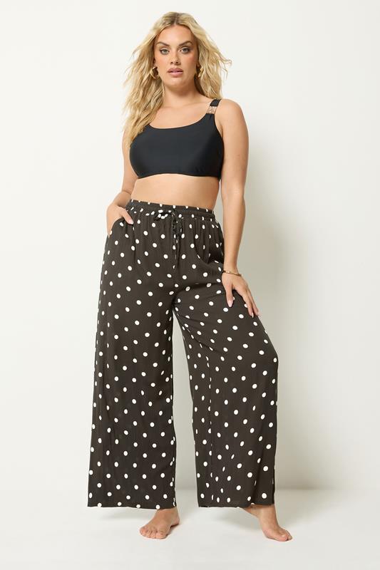  YOURS Curve Brown Polka Dot Crinkle Beachwear Wide Leg Trousers