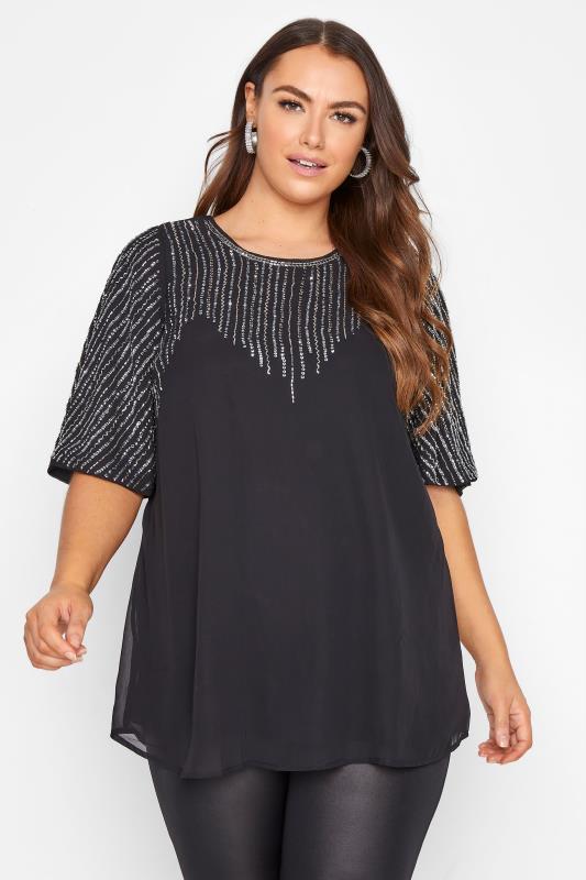 LUXE Curve Black Hand Embellished Sweetheart Blouse 1
