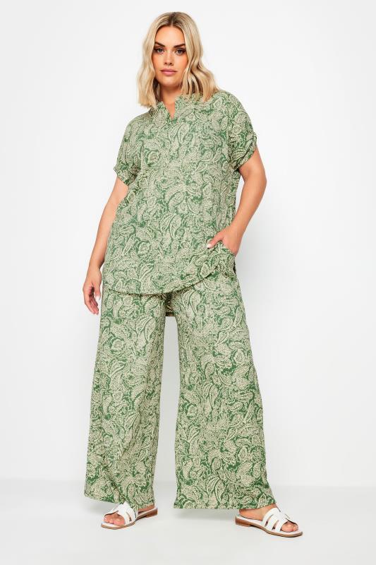 YOURS Plus Size Green Paisley Print Textured Trousers | Yours Clothing 2