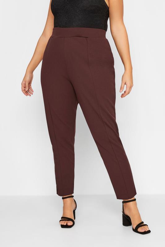 Plus Size  Curve Chocolate Brown Stretch Tapered Trousers - Petite