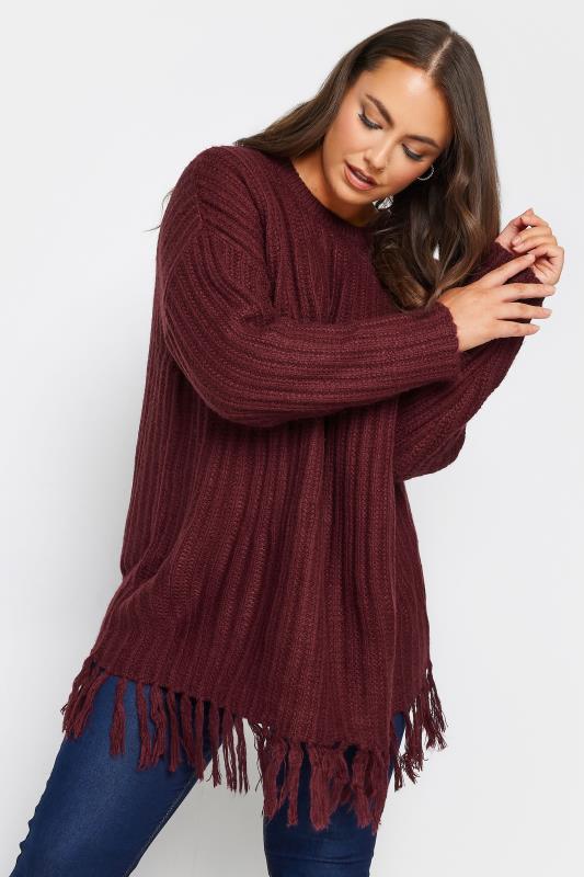 YOURS Plus Size Berry Red Fringe Detail Knitted Jumper | Yours Clothing 3