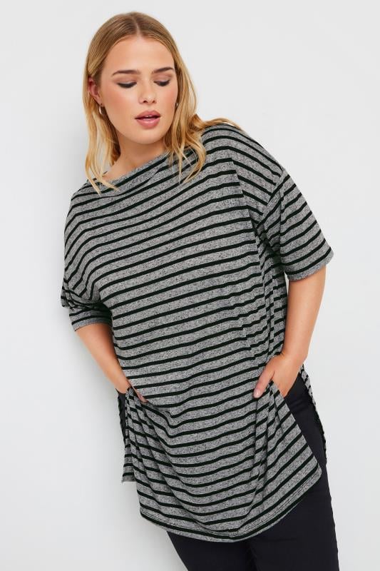 Plus Size  YOURS Curve Grey Stripe Oversized Linen T-Shirt