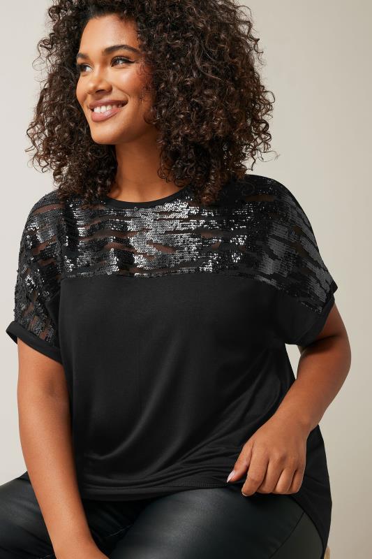 EVANS Plus Size Black Sequin Embellished T-Shirt | Evans 2